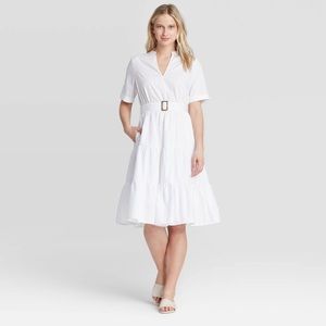 100% Cotton White Belted Flowy Dress w/Pockets!
